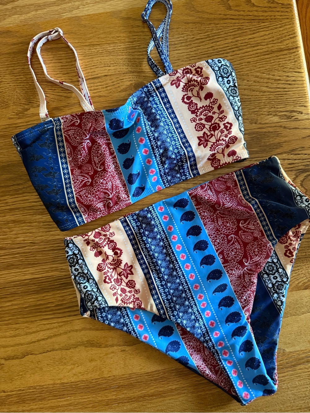 Blue, Red, and Tan Patterned Two-Piece Swim Set